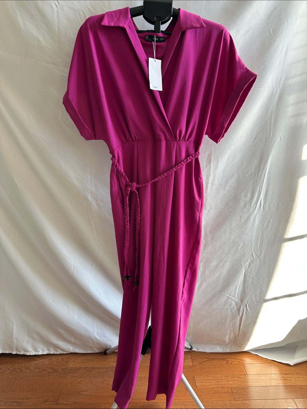 Mango Fuchsia Short-Sleeve Jumpsuit with Braided Waist Tie